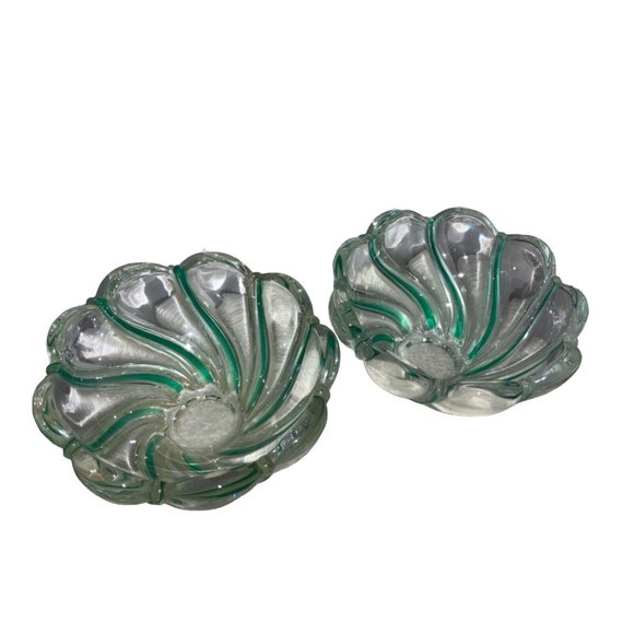 2 Clear Glass Bowls with Green Swirls Scalloped Edge - Picture 2 of 7